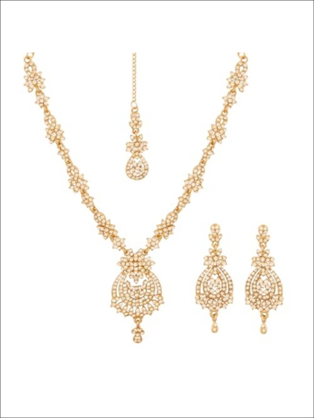 Gold Plated Rhinestone Indian Jewelry Set V-Shape Necklace Long Earrings